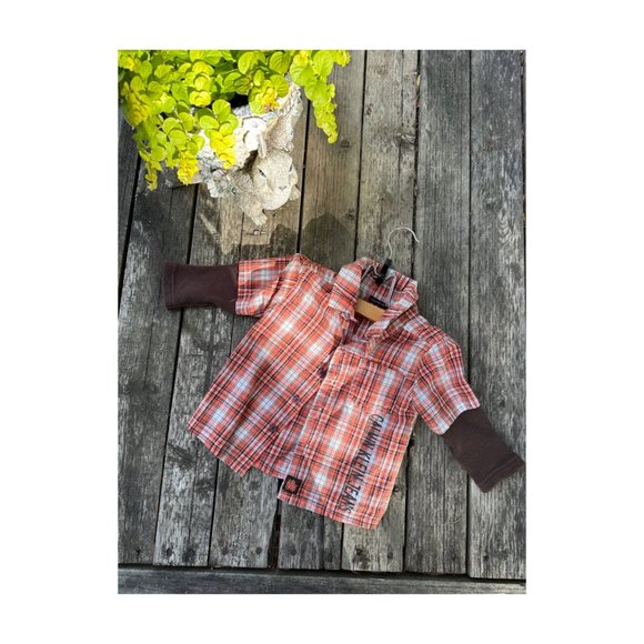 Calvin Klein Jeans Orange Plaid Button Up Shirt Long Sleeve Knit Cuffs Sz 12M - Picture 1 of 5